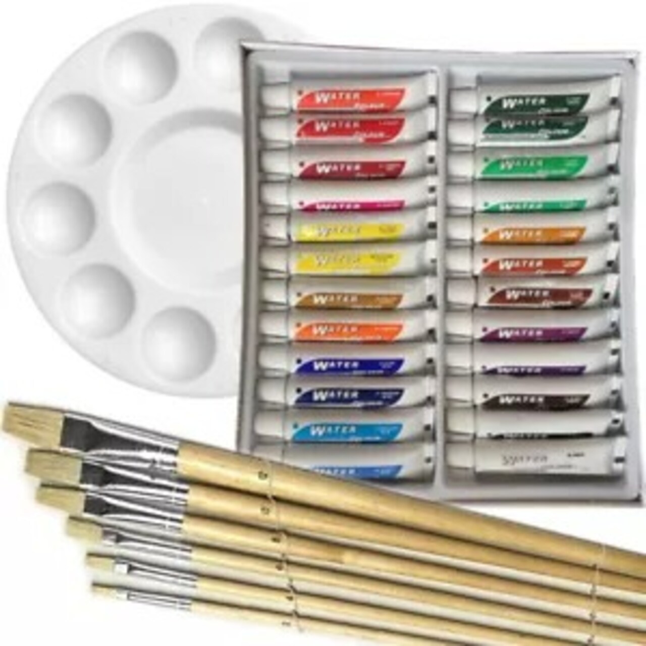 Artist 24 WATERCOLOR COLOR Painting Paint Set + 6 Brush Set w/ ROUND Palette SET